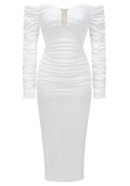 Long Sleeve Ruched Bardot Midi Dress White