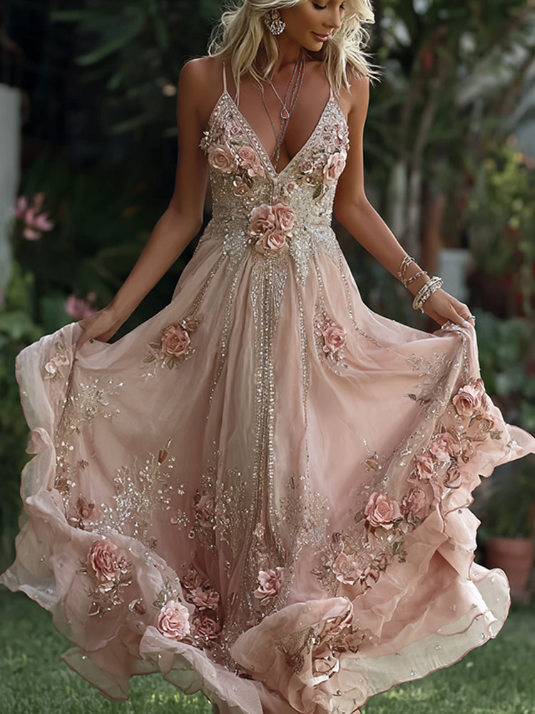 Women's Pink Rose Art Pattern Suspender Midi Dress