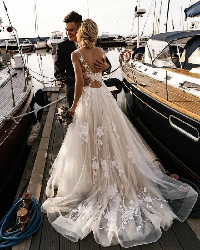 Tulle Backless Wedding Dress Lace Embroidery
