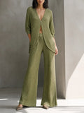 Women's Elegant Olive Green Ribbed Knit Deep V-Neck Button-Front Longline Cardigan And Wide-Leg Pants Two-Piece Set MDZ1684G9ZSQ