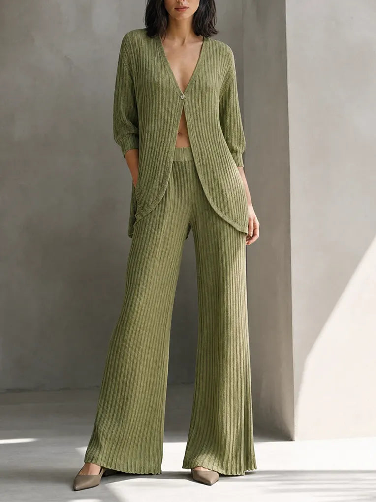 Women's Elegant Olive Green Ribbed Knit Deep V-Neck Button-Front Longline Cardigan And Wide-Leg Pants Two-Piece Set MDZ1684G9ZSQ