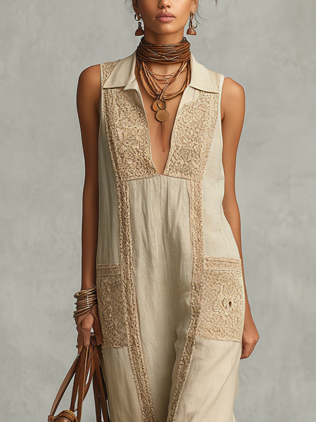 Beige Linen Blend Lace Patchwork Maxi Dress