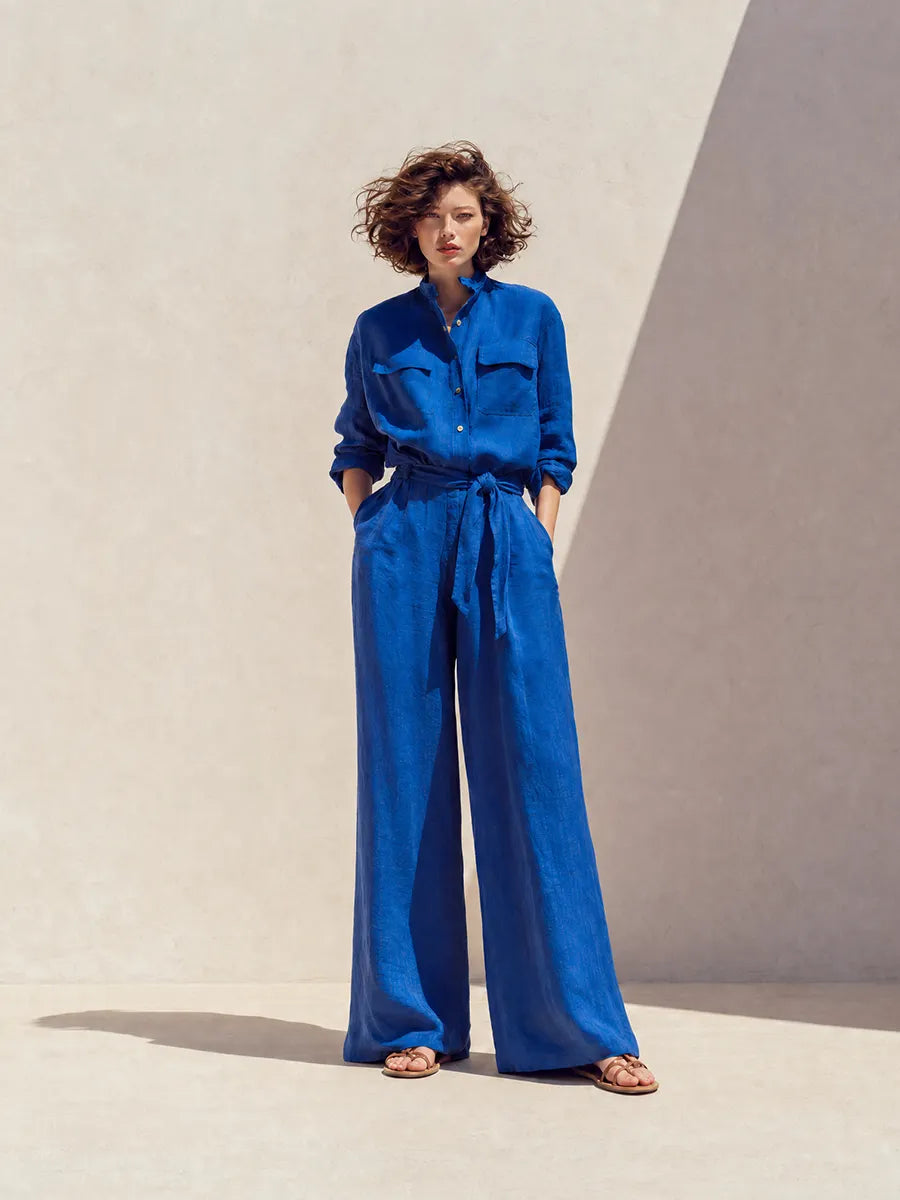 Women's Vacation Klein Blue Washed Linen Stand Collar Long-Sleeve Shirt & Wide-Leg Pants Set MDZ1740G5CMX