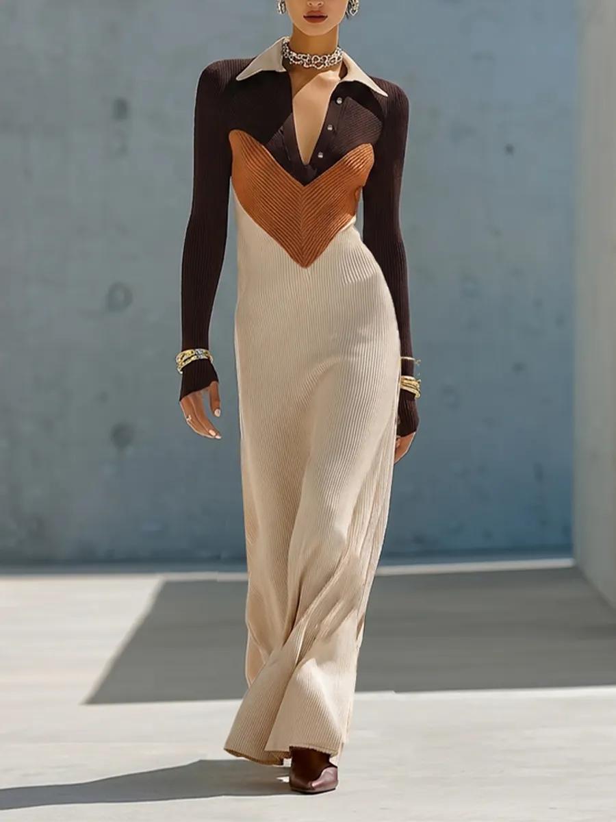 Women's Multi-Tone Neutral Ribbed Knit Maxi Gown With Point Collar Button Placket & Chevron Color Block Panel, Elegant Bodycon Long Sleeve Sweater Maxi Dress MDZ2762G9LYL