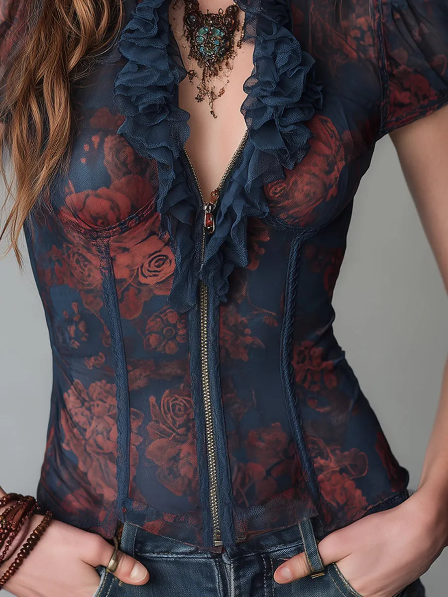 Vintage Mesh Printed Blouse With Ruffle Trim