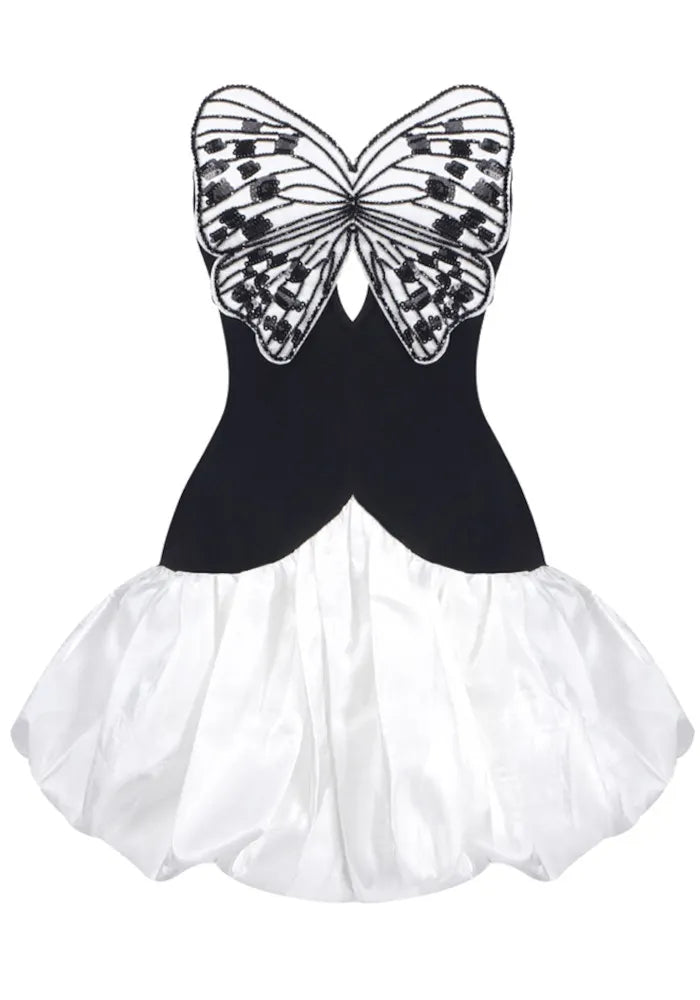 Strapless Sequin Butterfly Puff Dress Black White