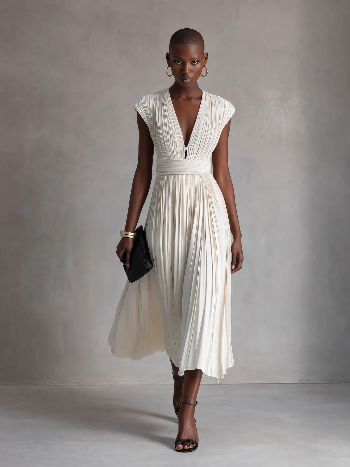 Women's Elegant Ivory Pleated Deep V-Neck Cap Sleeve Wide Waistband Flowy Midi Dress MDZ0392G2O