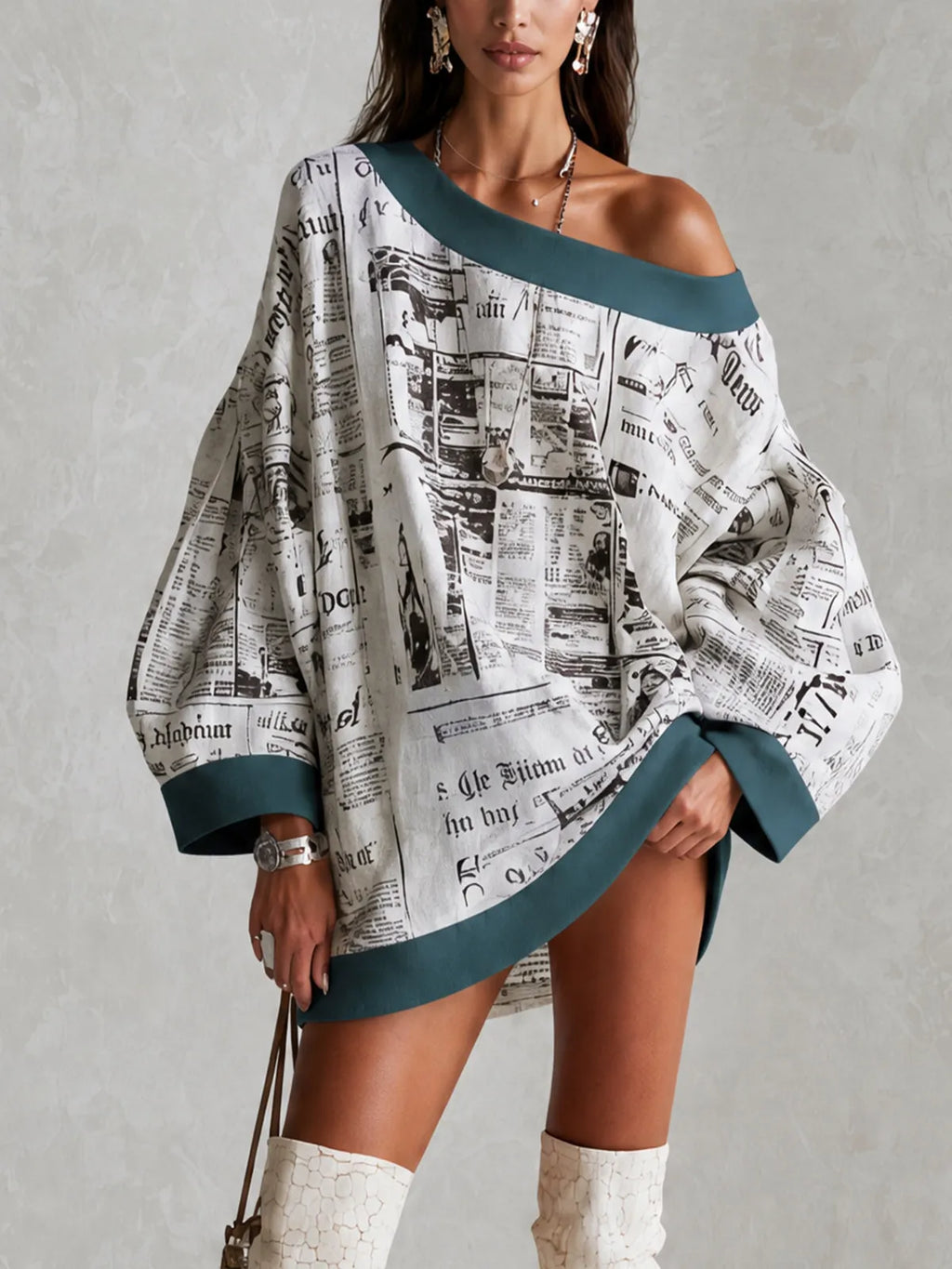 Ivory Newspaper Print Off-Shoulder Mini Dress With Teal Contrast Trim