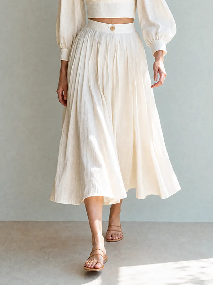 Women's Elegant Casual Ivory Linen Round-Neck Puff-Sleeve Cropped Top & High-Waisted Midi Skirt Set MDZ2083G8CMX