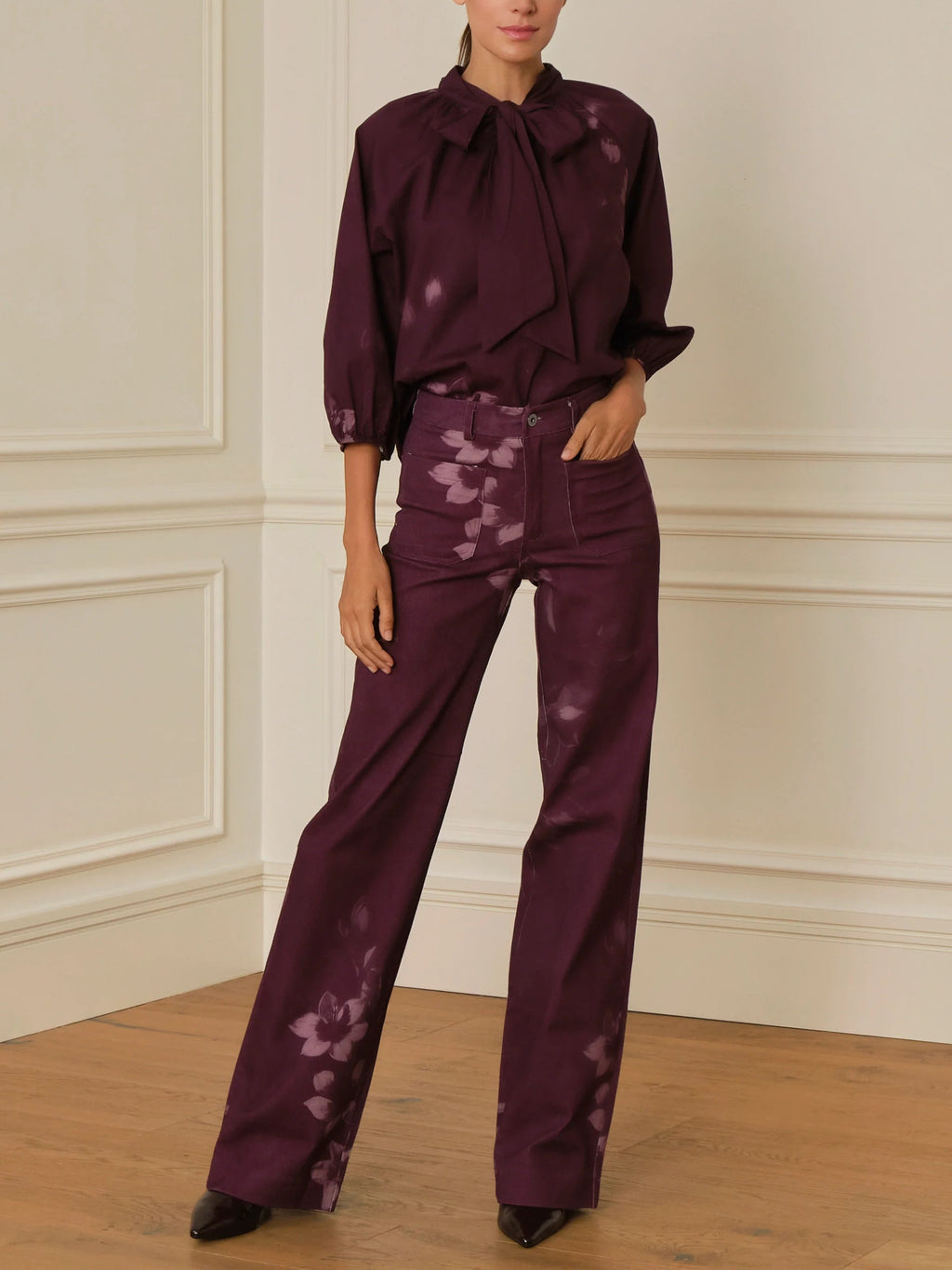 High-neck bow-print shirt and trousers set