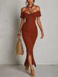 Vintage Red Stretch Knit Off Shoulder Bodycon Dress
