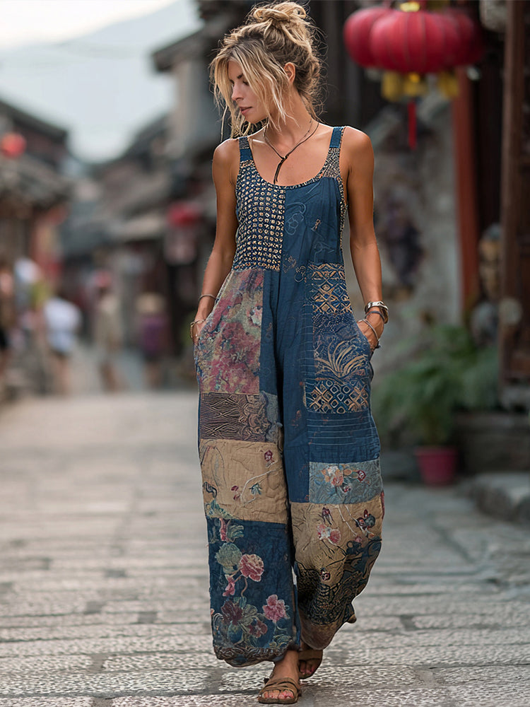 Women's Japanese-style Floral Linen Sleeveless Jumpsuit