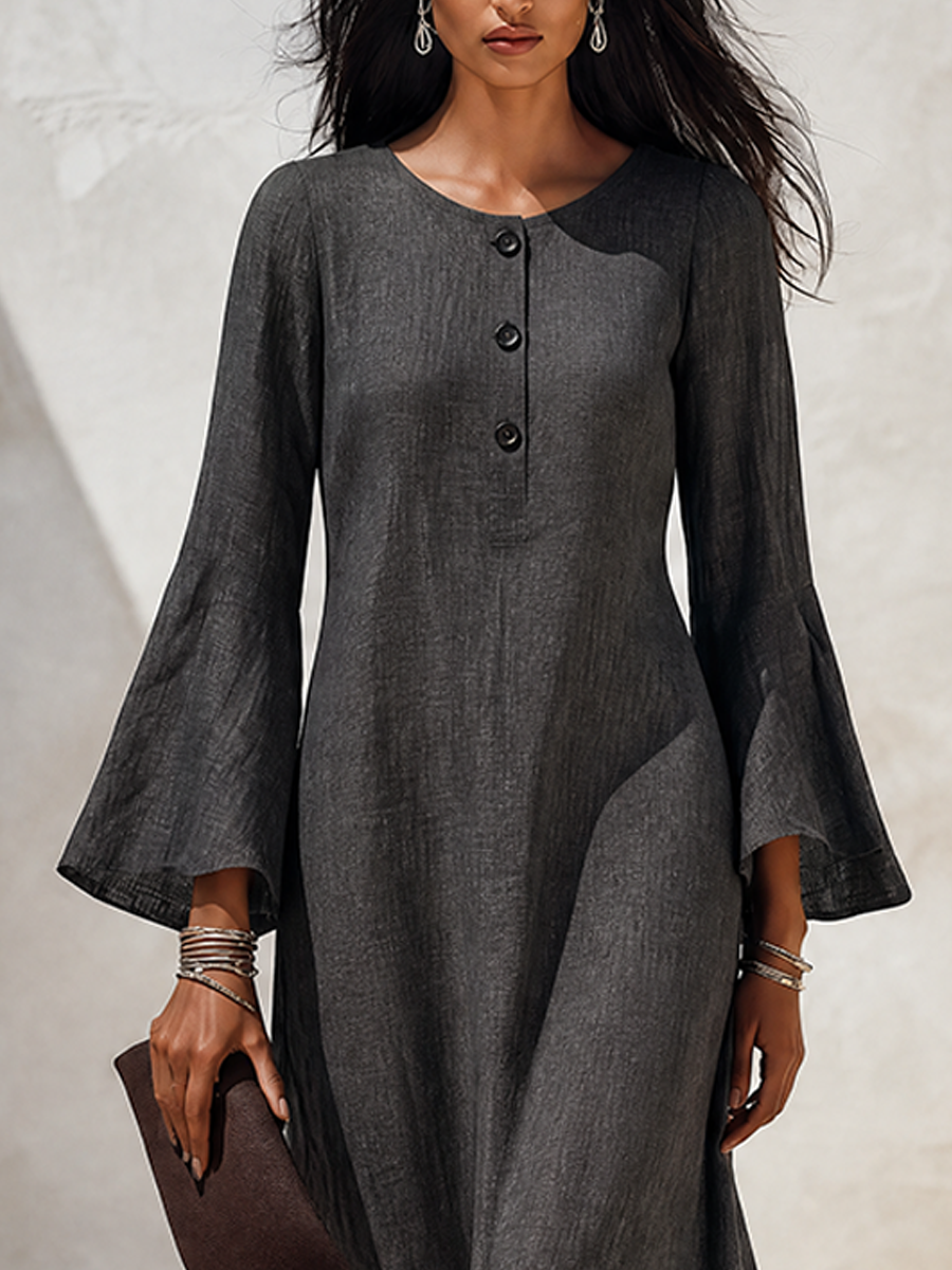 Women's Minimalist Solid‑Dark‑Grey Linen‑Blend Flared‑Sleeve Maxi Dress MDZ1593G8ZRK