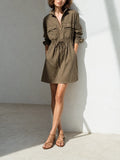 Women's Casual Utility Army Green Collared Zip Long-Sleeve Drawstring Cinched-Waist Shirt Mini Dress MDZ1675G6CMX