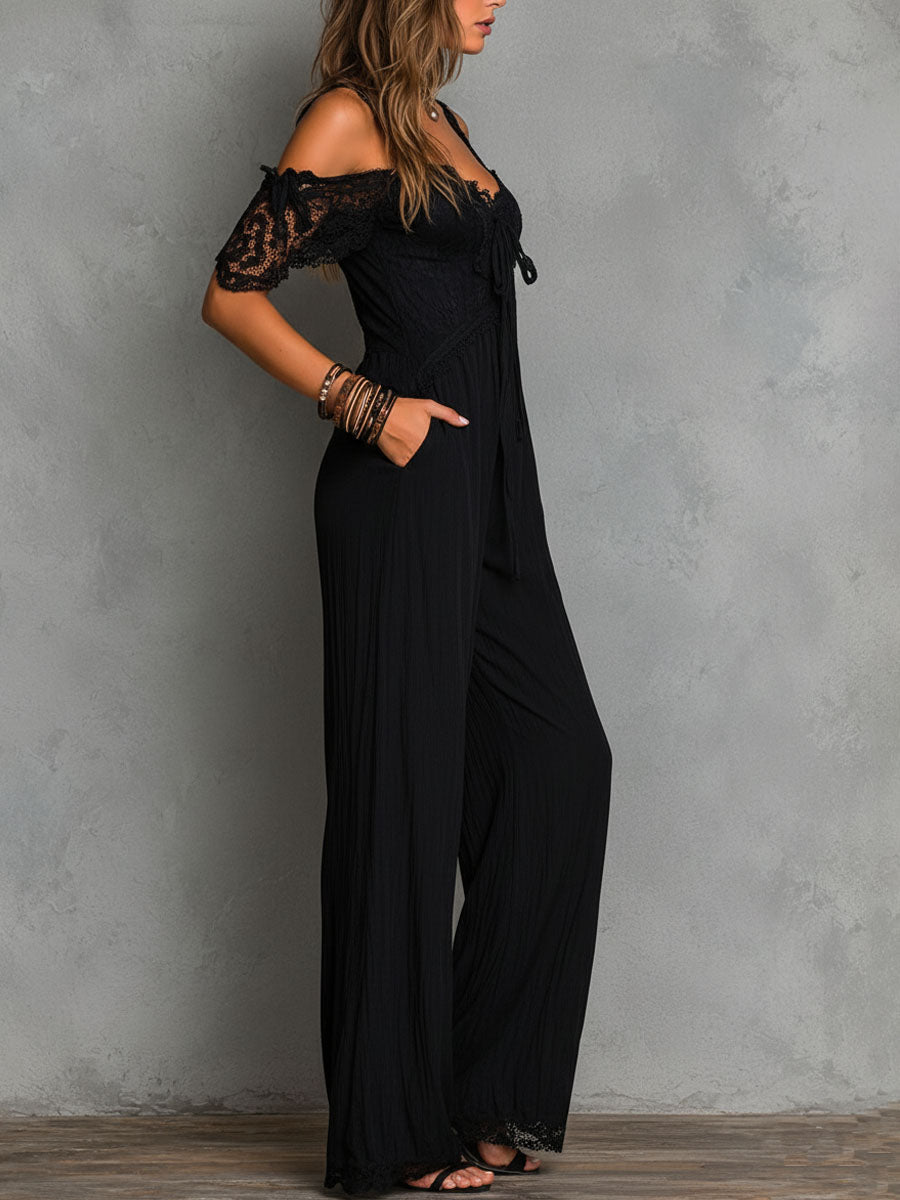Boho Black Lace Trim Cold-Shoulder Wide-Leg Jumpsuit