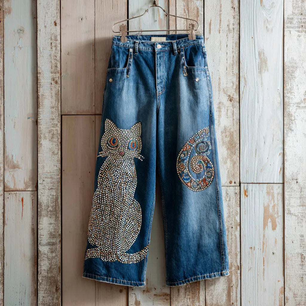 Casual Cute Diamond Cat Vintage Jeans