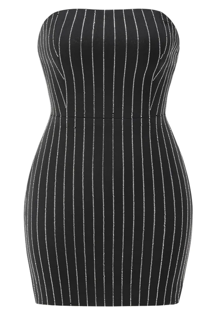 Strapless Crystal Stripes Dress Black