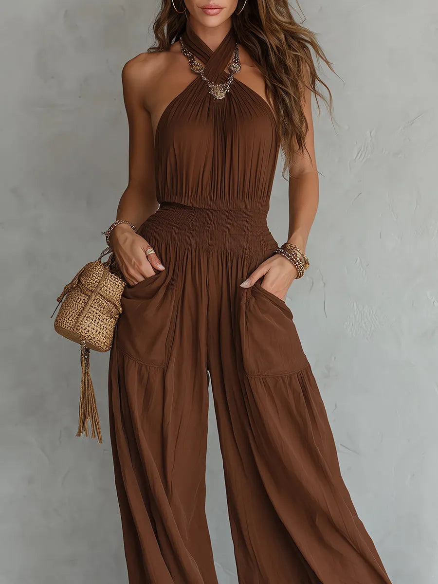 Boho Halter Neck Sleeveless Wide Leg Jumpsuit