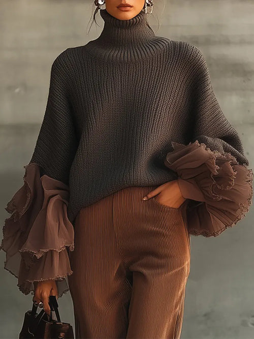 Gray Ruffle Sleeve Turtleneck Sweater