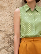 Linen Shirt, Sleeveless, Shawl Collar, Polka Dots, Button Design, French Vintage, Green