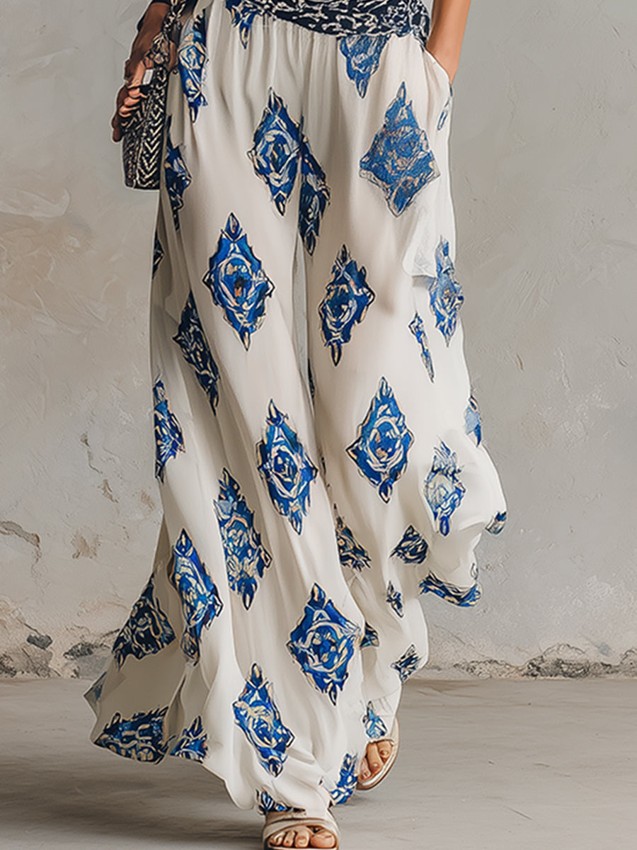 Retro Bohemian Print White Camisole And Wide-Leg Pants Chiffon Set