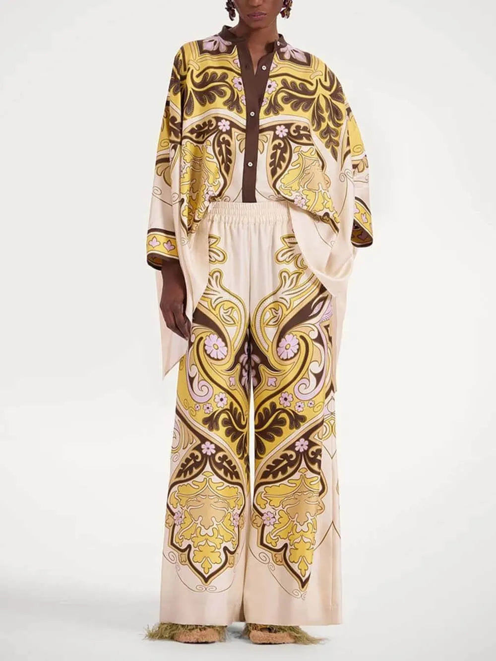 Unique Print Elastic Waist Loose-Fit Pocket Wide-Leg Pants