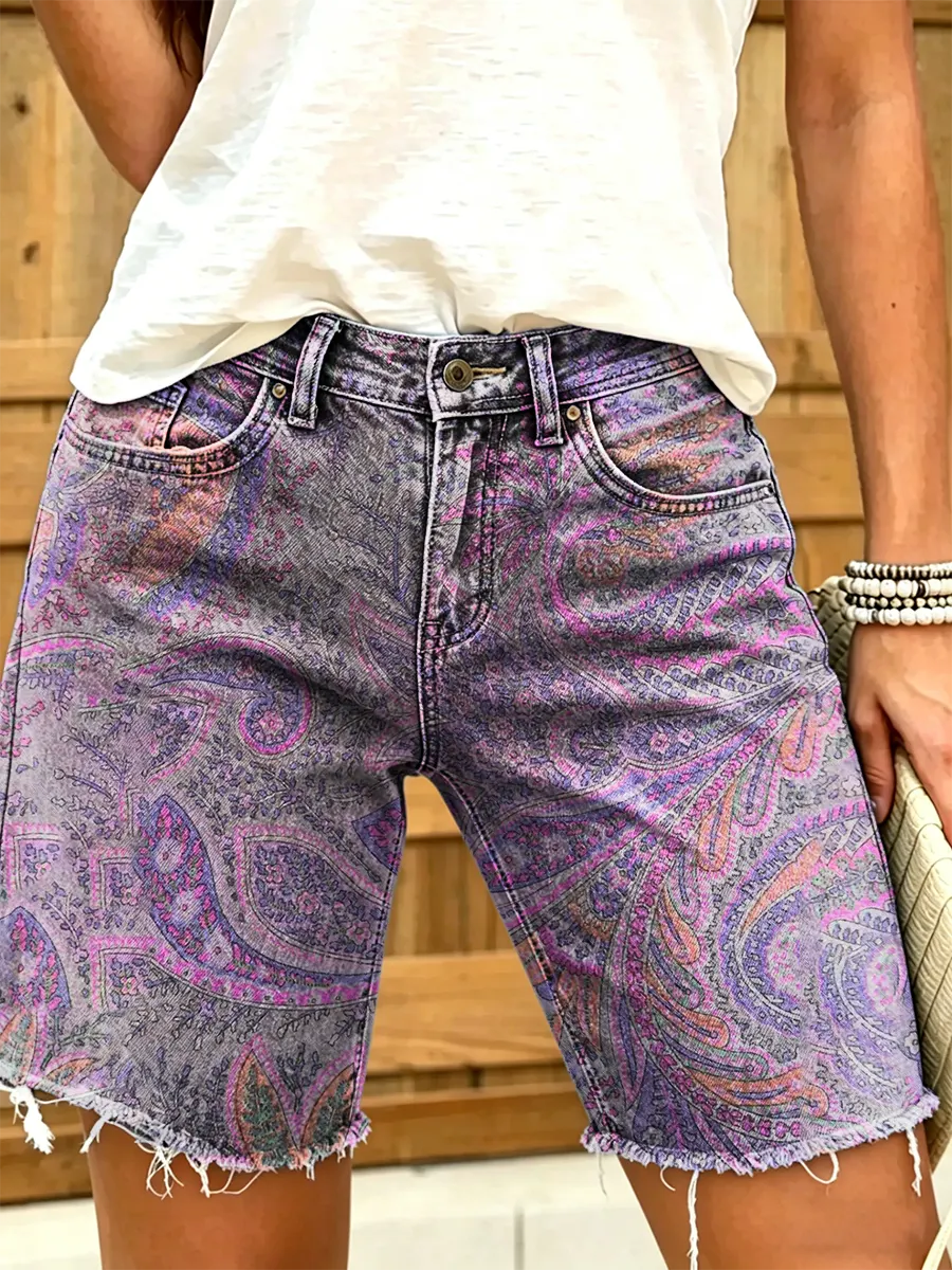 Women's Vintage Floral Print Denim Shorts
