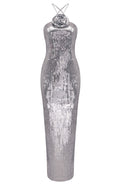 Halter Floral Sequin Maxi Dress Silver