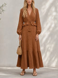 Women's Resort-Style Caramel Brown V-Neck Bishop-Sleeve Drawstring Belted Ruffle Cinched-Waist Linen Maxi Dress MDZ1658G7CMX