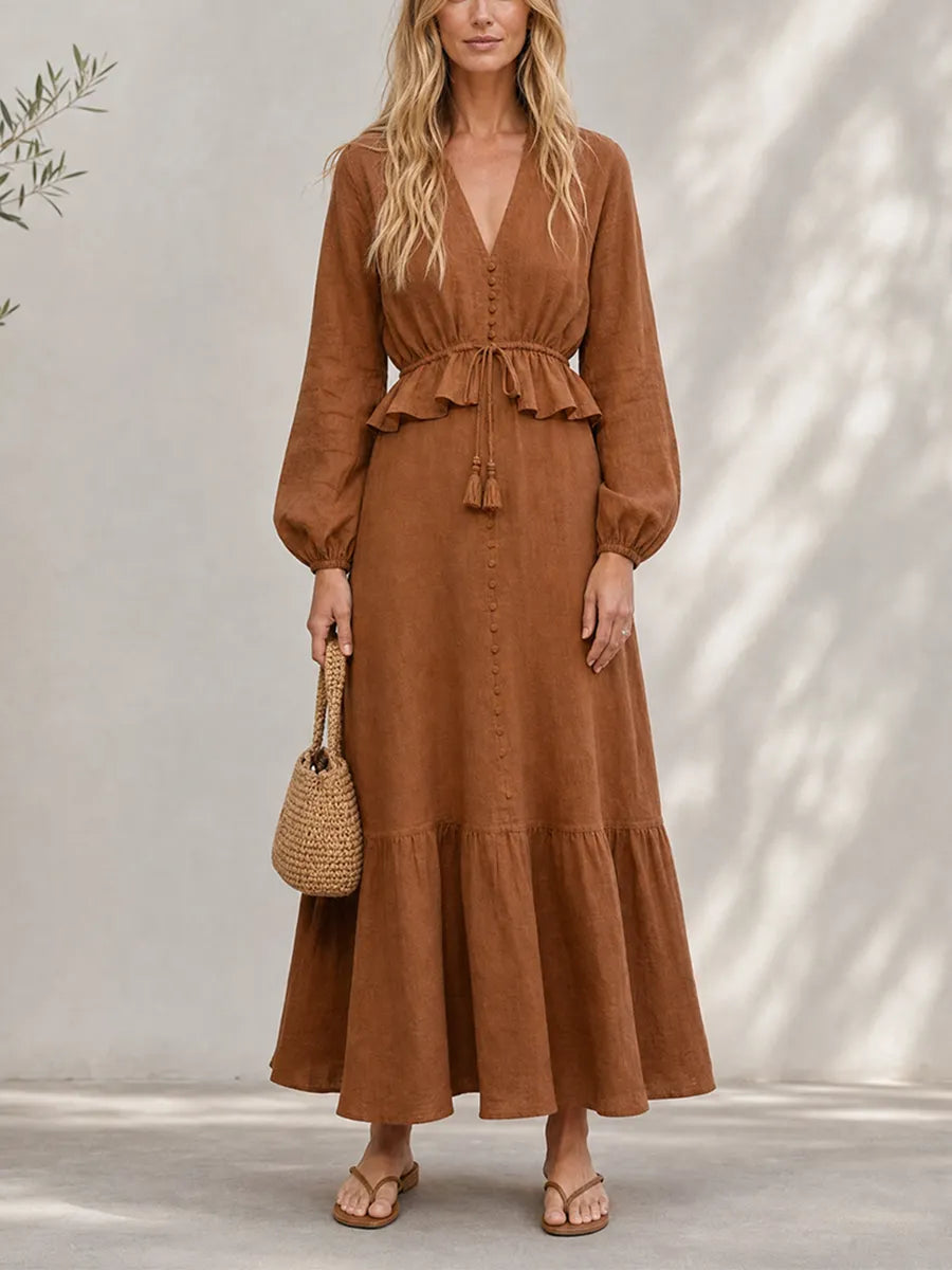 Women's Resort-Style Caramel Brown V-Neck Bishop-Sleeve Drawstring Belted Ruffle Cinched-Waist Linen Maxi Dress MDZ1658G7CMX