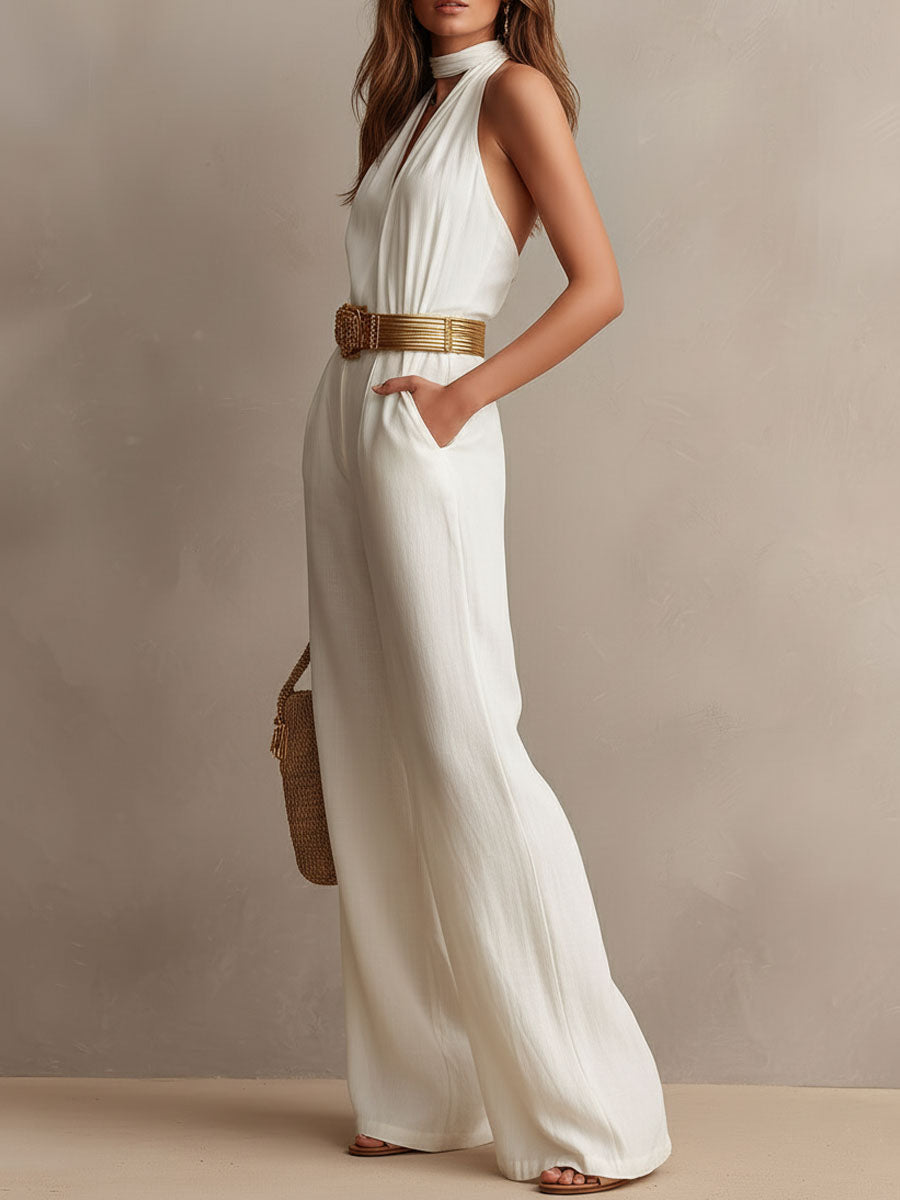 Vintage Boho White Halter Wide-Leg One Piece Jumpsuit