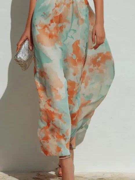 Romantic Color-Block Print High-Neck Chiffon Dress