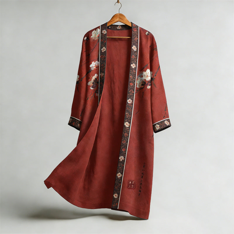 Men's Retro Sakura Art Print Linen Long Kimono
