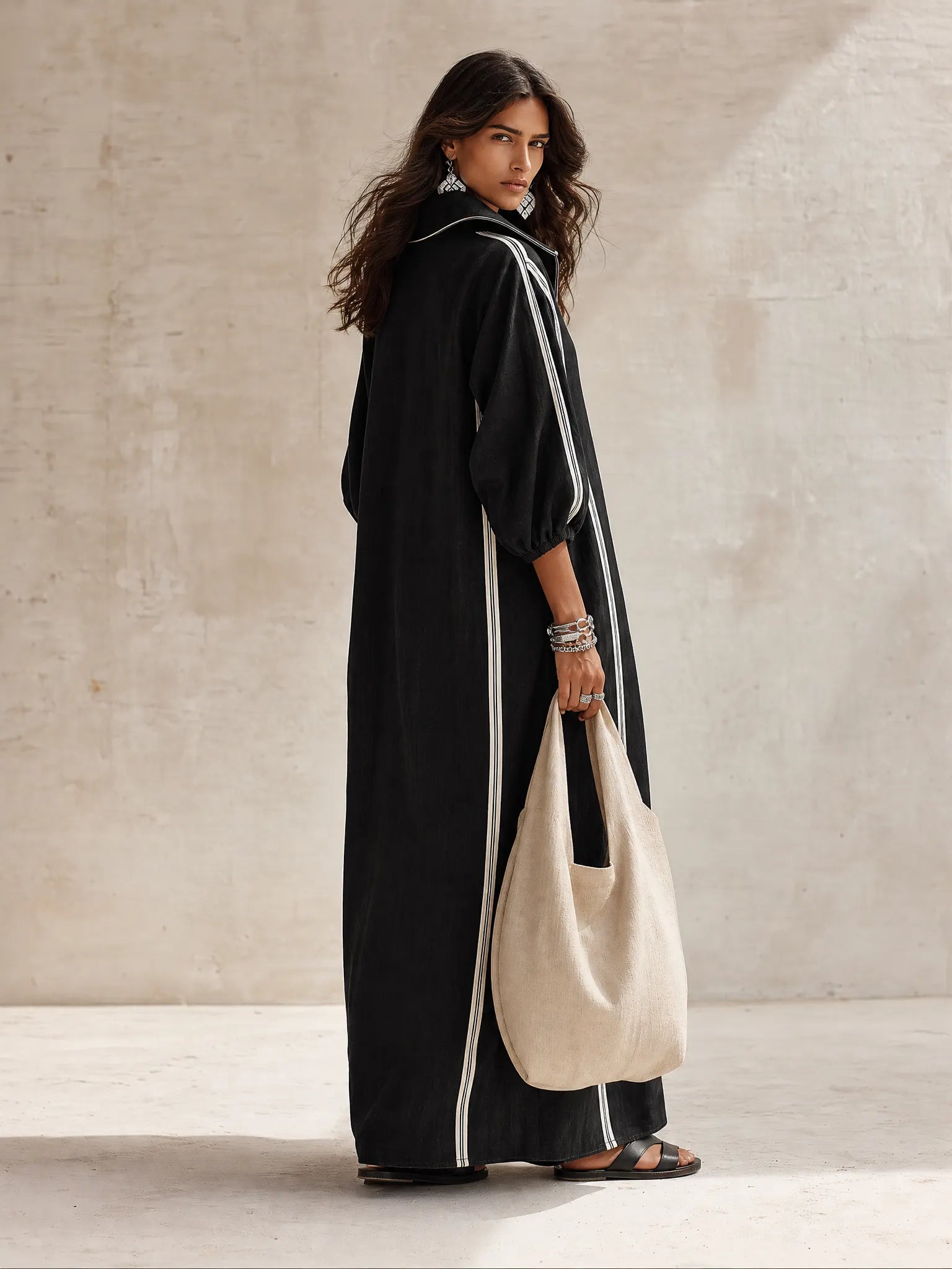 Women's Zip Collar Contrast Striped Long Sleeve Maxi Dress
