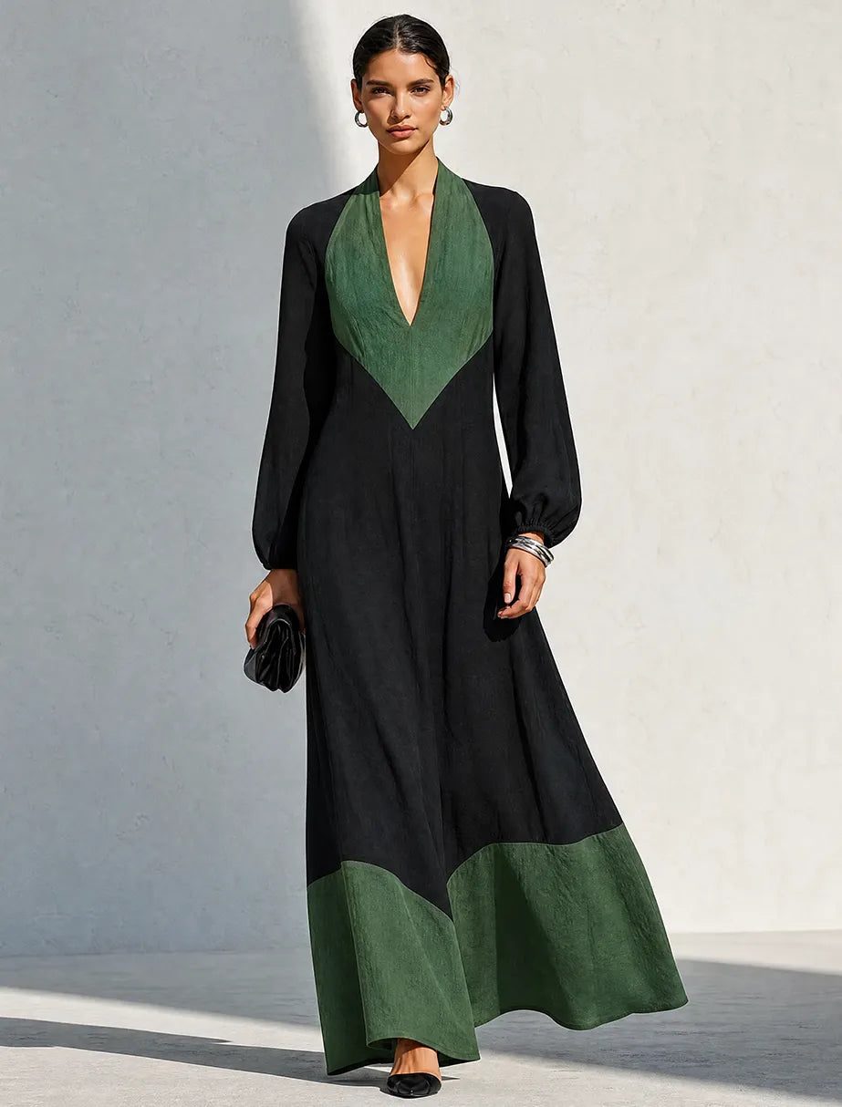 Women's Minimalist Black & Green Color-Block Linen Maxi Dress MDZ0715G1ZRK