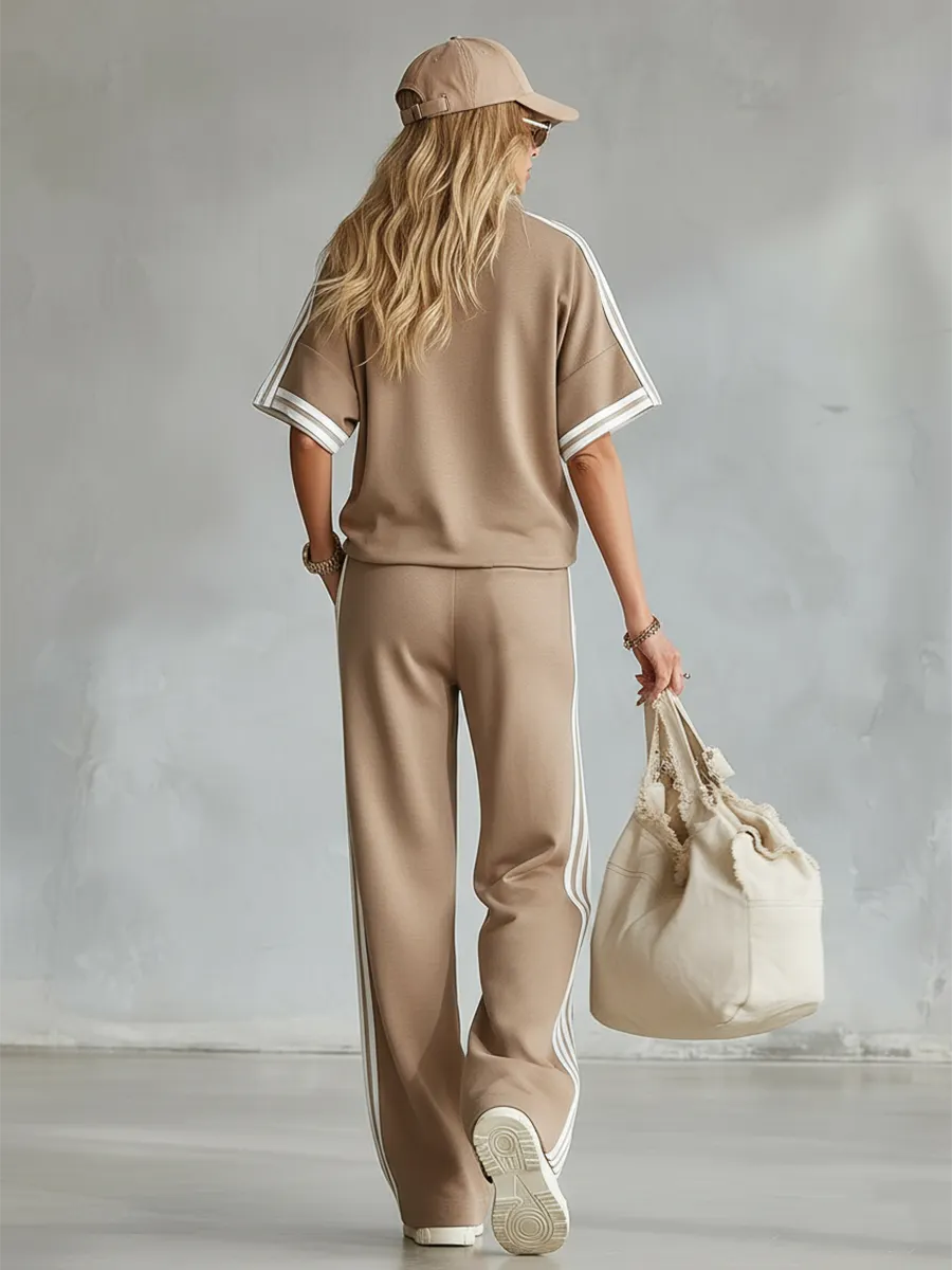 Casual Everyday Sports Striped-trim Khaki T-shirt And Pants Set