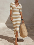 Women's Coastal Style Khaki And White Striped Ribbed Knit Polo Collar Short Sleeve Side Slit Bodycon Maxi DressMDZ0985G8ZSQ