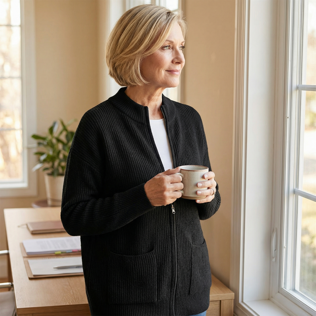 Covena – Soft Knit Zip Up Cardigan with Pockets