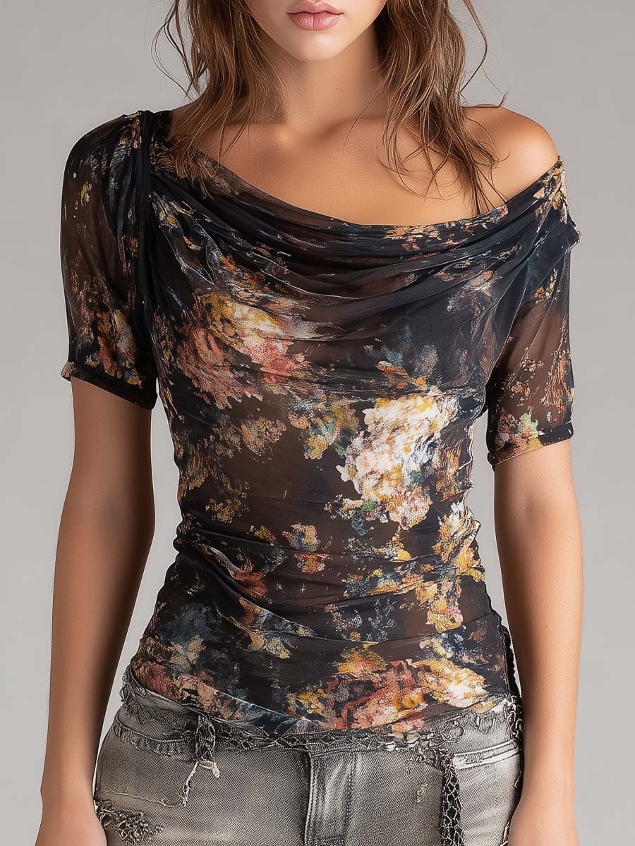 Dark Floral Print Sheer Mesh Off-Shoulder Ruched Top