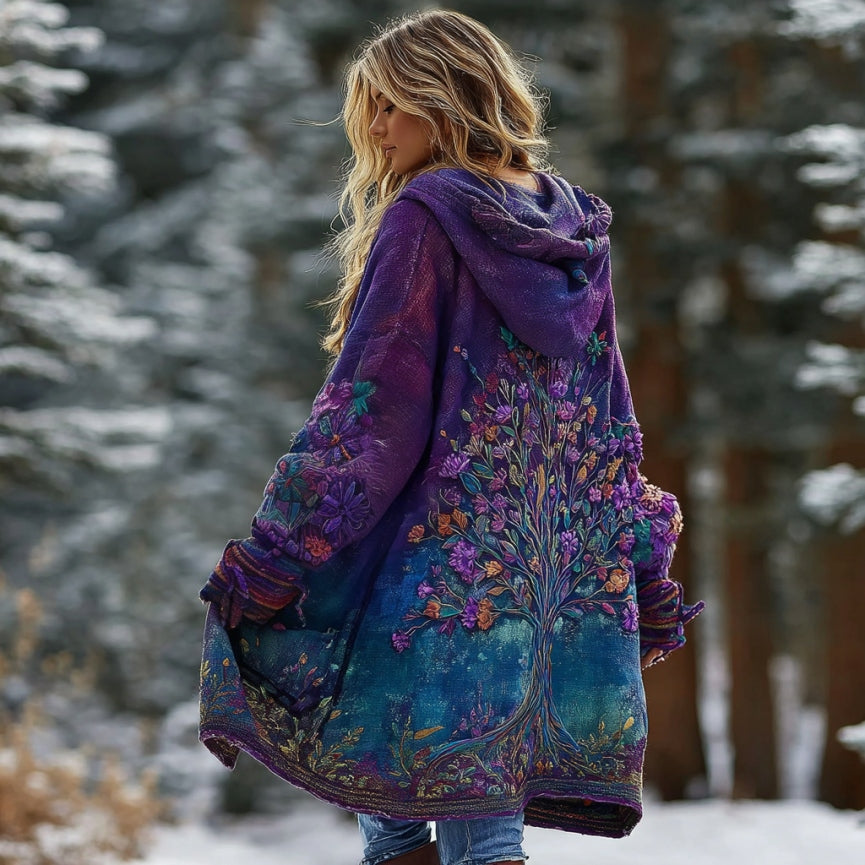 Women's Tree Of Life Floral Gradient Cozy Pocket Hooded Cardigan