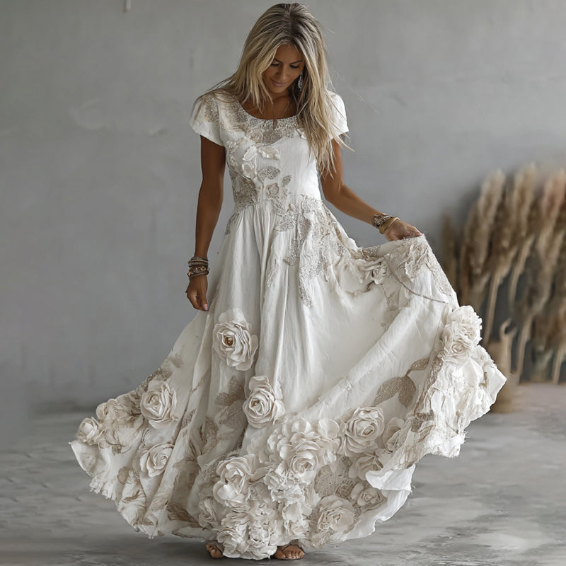 Women's Vintage White Rose Embroidery Art Round Neck Short Sleeve Maxi Dress