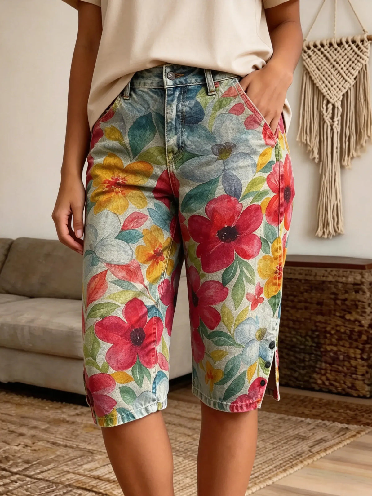 Women's Watercolor Floral All-Over Print Denim Bermuda Shorts