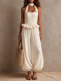 Boho Ivory Ruched Peplum Waist Halter Harem Jumpsuit