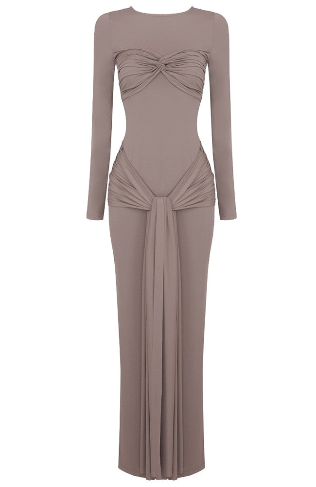 Long Sleeve Draped Detail Maxi Dress Brown