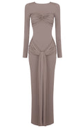 Long Sleeve Draped Detail Maxi Dress Brown