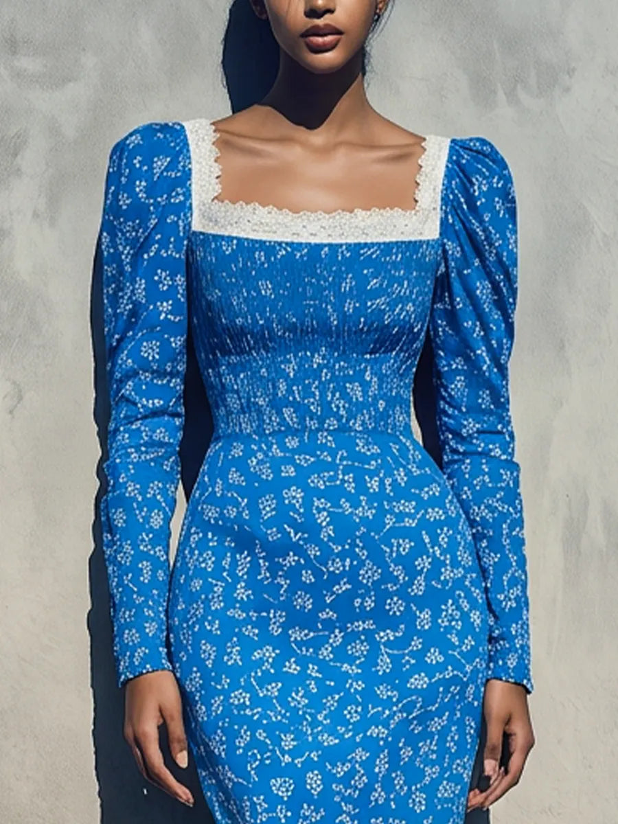 Women’s Bright Blue Ditsy Floral Square White Lace Trim Puff Long Sleeve Smocked Waist Mermaid Midi Dress MDZ0666G0YZJ