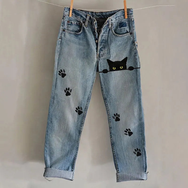 Peeking Black Cats Paw Prints Washed Jeans