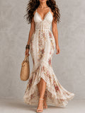 Boho Romantic Floral Print Lace Mermaid Maxi Dress
