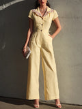 Women's Retro Elegant Light Yellow Cotton Blend Lace Collar Short Sleeve Wide-Leg Jumpsuit MDZ0397G7GMJ