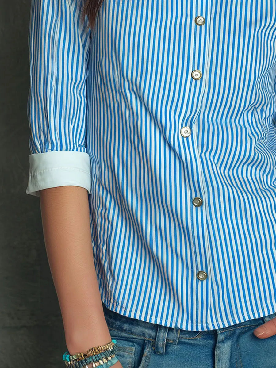 Boho Peter Pan Collar Blue Striped Cotton Blouse